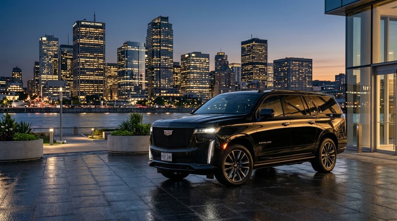 VUS Premium noir devant l’horizon d’une ville au crépuscule