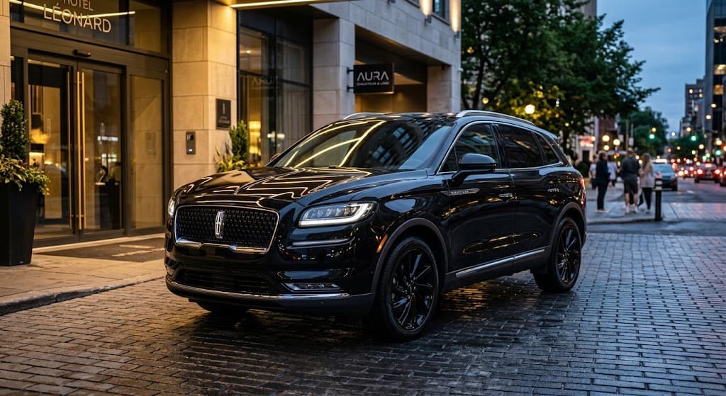 VUS intermédiaire de luxe noir devant un hôtel au crépuscule