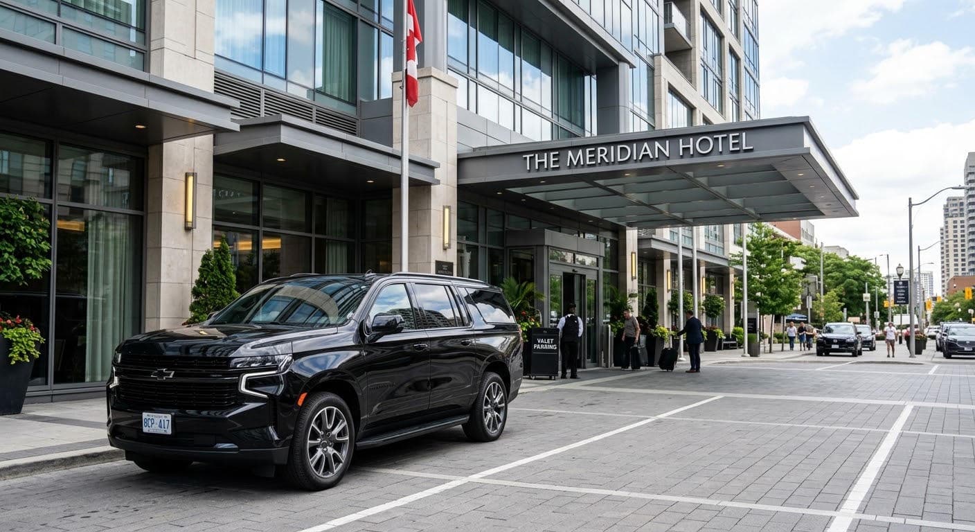 VUS pleine grandeur noir devant l’entrée d’un hôtel